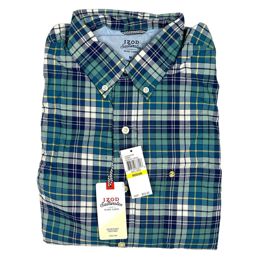 IZOD Mens M Newport Oxford Shirt Relaxed Fit Button Down Plaid Beryl Green NEW